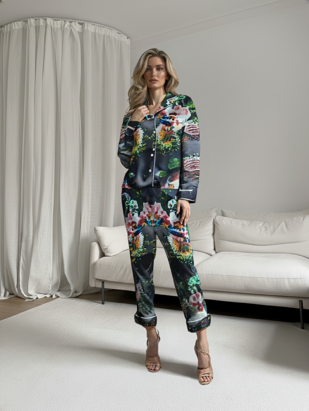 Emerald Bloom – 2-Piece Silk Night Suit 🌿✨