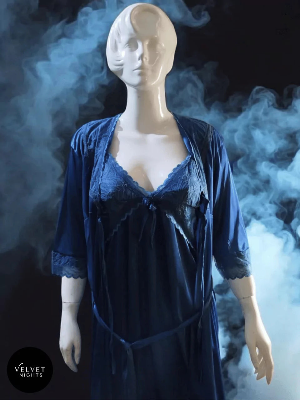 2-Piece Silky Night Slip & Lace Robe in Deep Ocean Blue