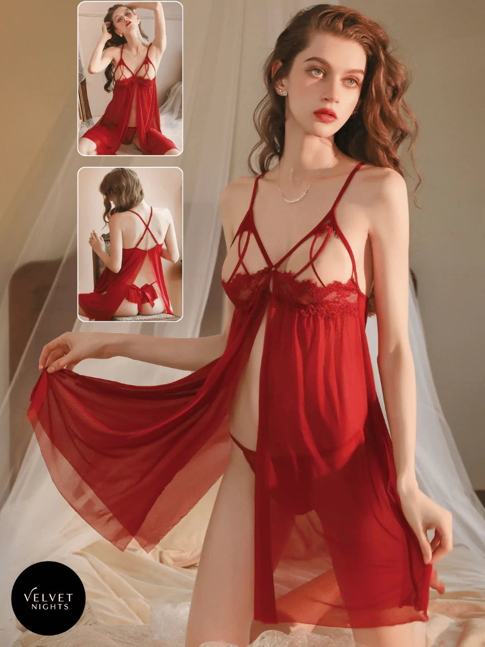 Two Piece Lingerie Set- Striped Net Satinš¤