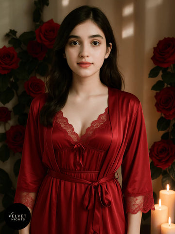 3-Piece Silk Night Suit with Lace Detailing