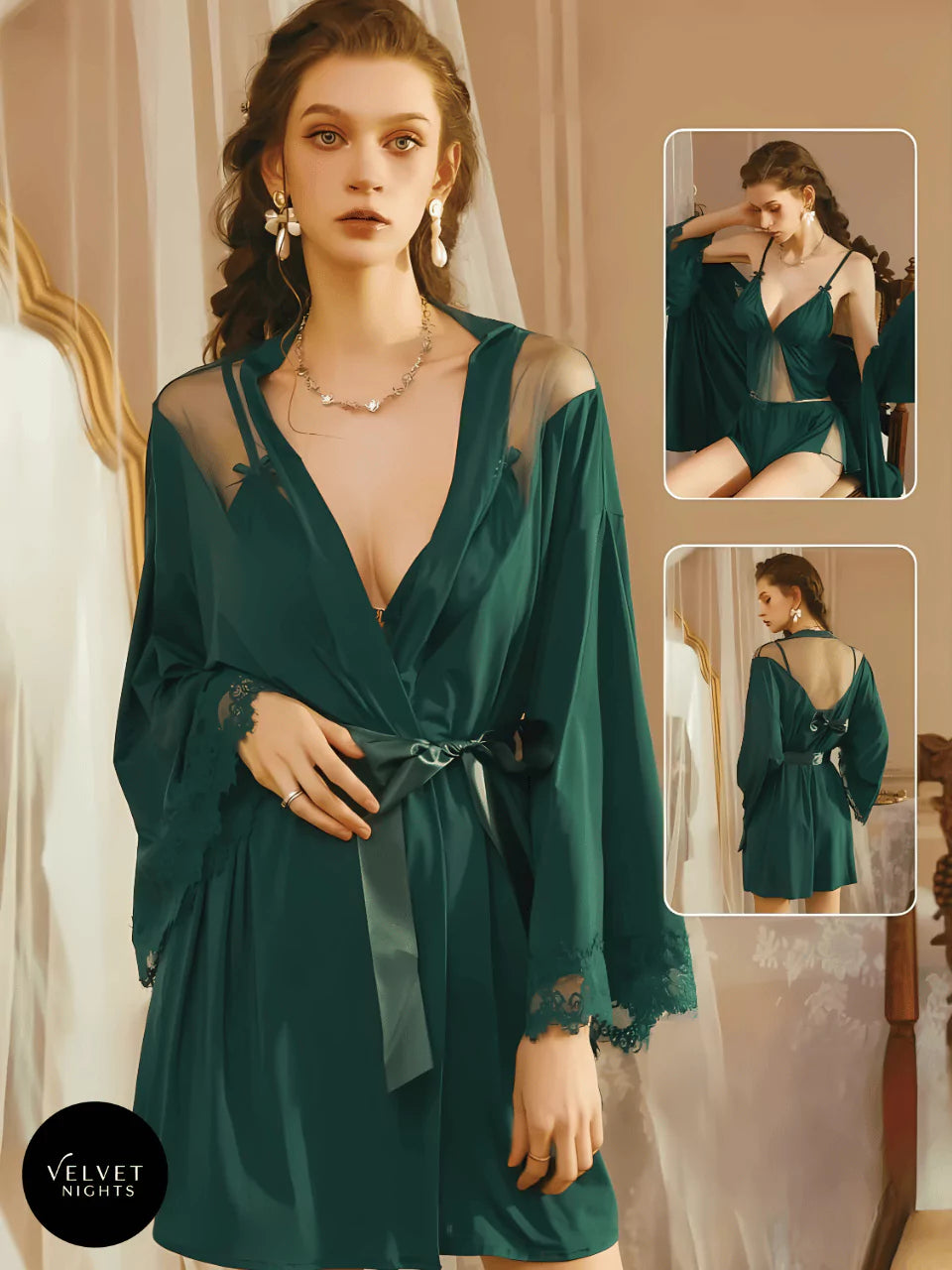 3 Piece Elegant Lace, Robe and Lingerie Set