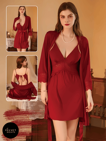 Elegant Lace-Trimmed Satin Nightdress with Matching Robe