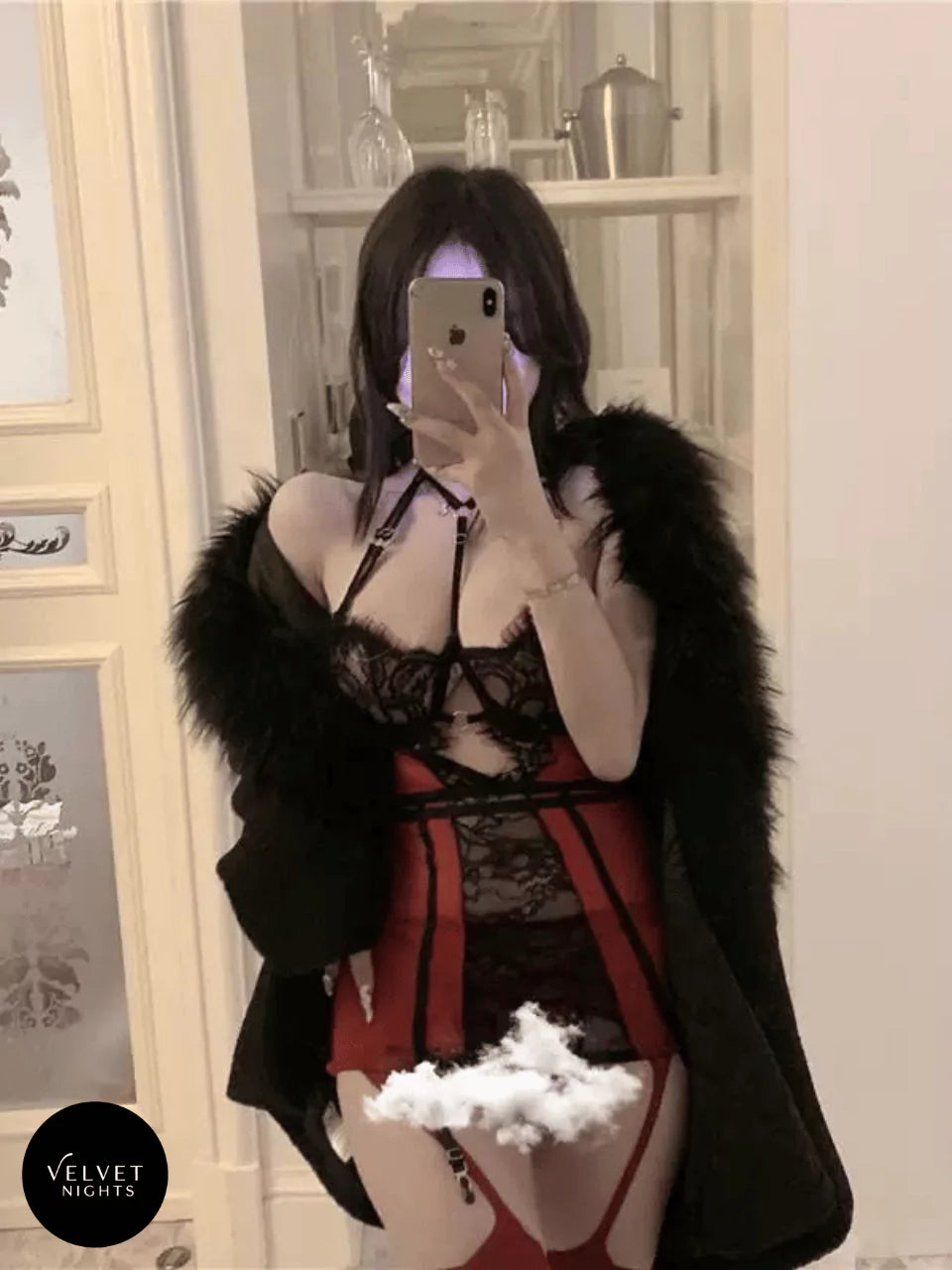 0: Red and Black Lace Lingerie Set with Stockings