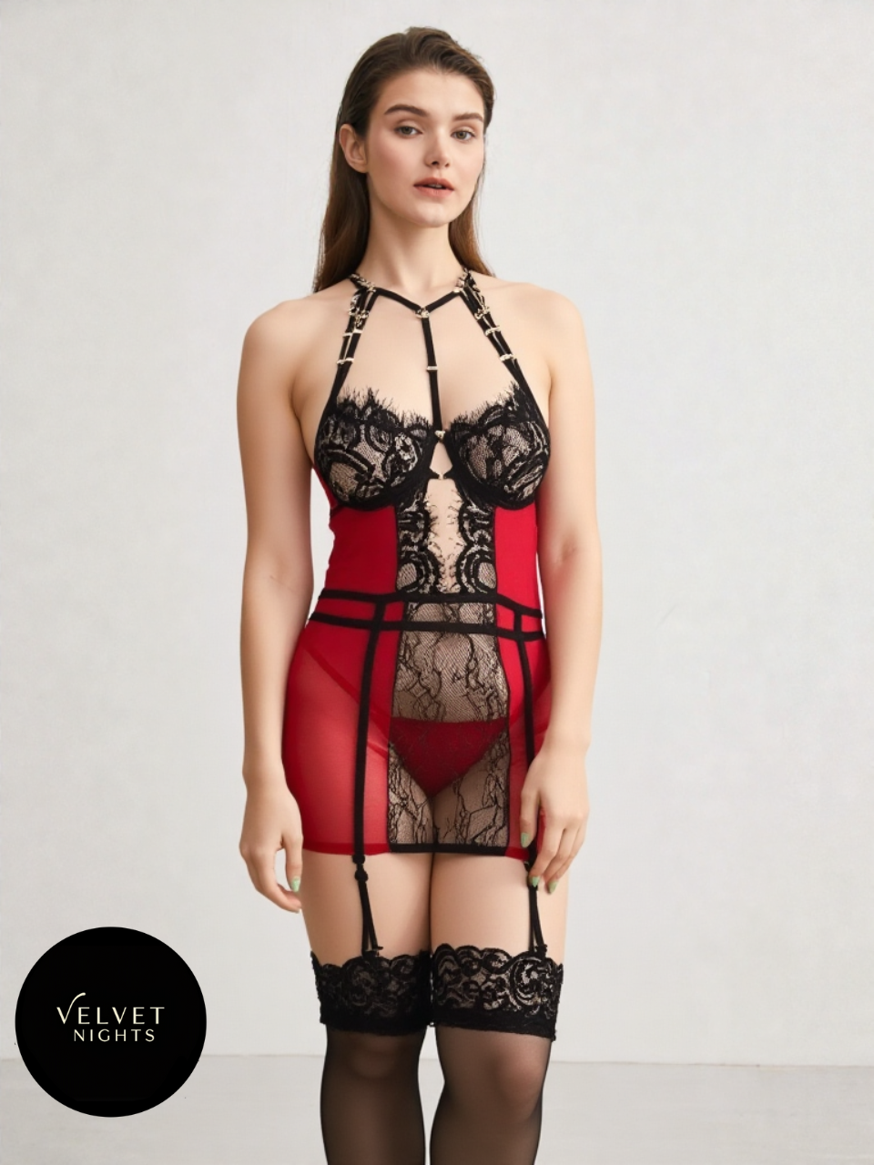 0: Red and Black Lace Lingerie Set with Stockings