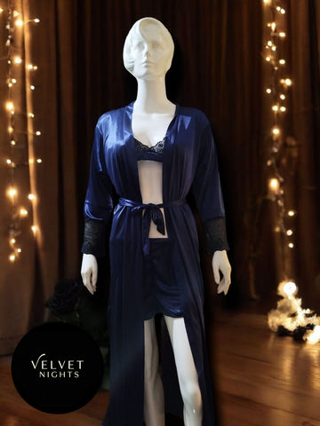 A Midnight Desire 3 Piece Silk Nightwear with Long Gown