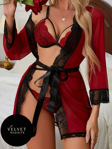 Hot Red & Black Satin & Lace Lingerie Set with Robe