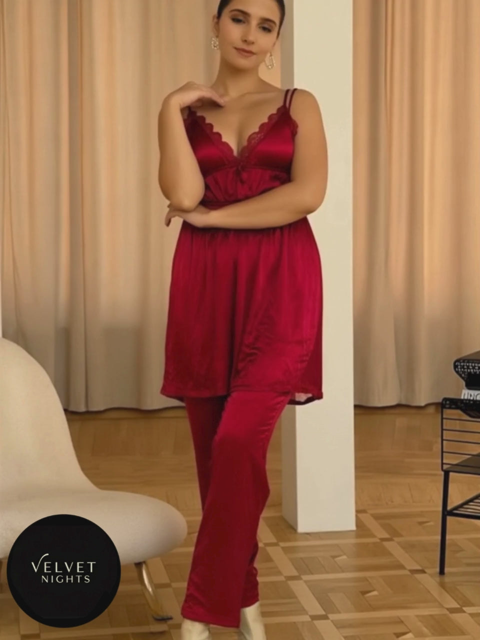 3-Piece Silk Night Suit with Lace Detailing