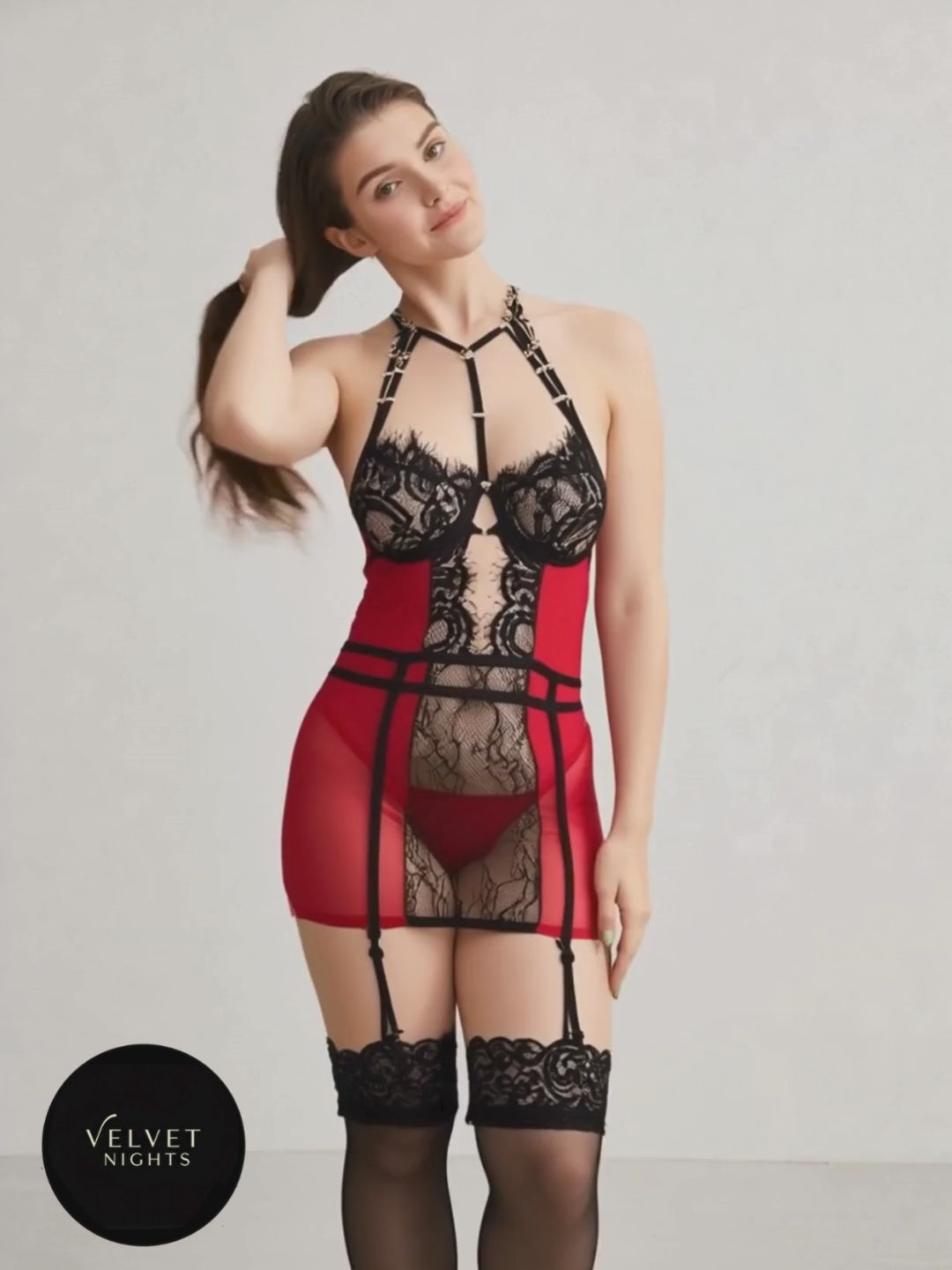 0: Red and Black Lace Lingerie Set with Stockings