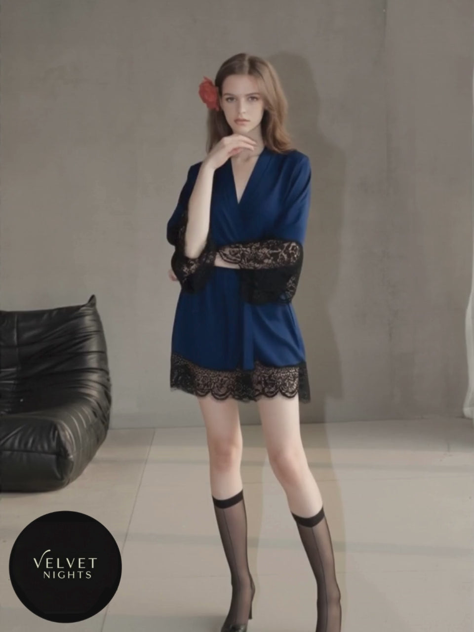 Midnight Charm Satin Robe with Lace Trim
