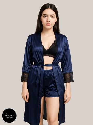 A Midnight Desire 3 Piece Silk Nightwear with Long Gown