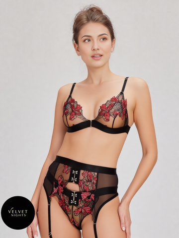 0: Floral Mesh Embroidered Lingerie Set – 3 Piece