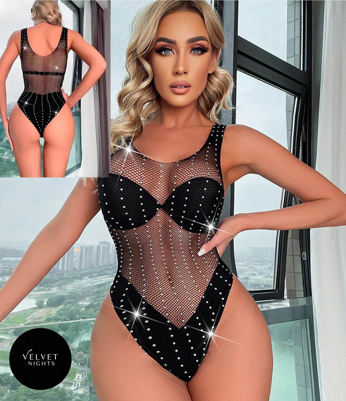 Rhinestone Fishnet Bodysuit Mesh Bodystocking