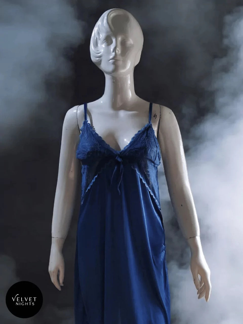 2-Piece Silky Night Slip & Lace Robe in Deep Ocean Blue