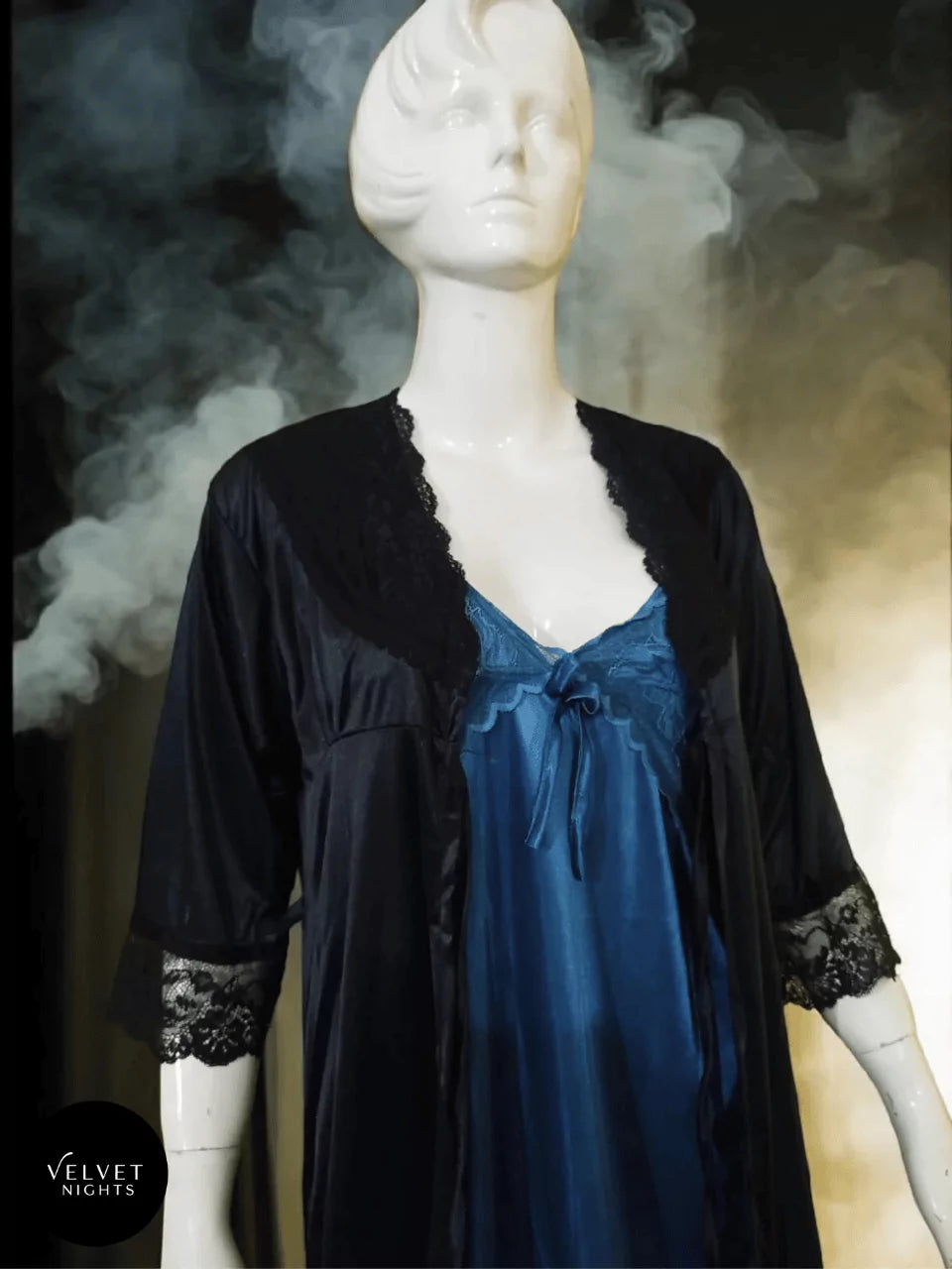 2-Piece Silky Night Slip & Lace Robe in Deep Ocean Blue