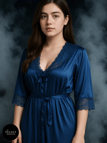 2-Piece Silky Night Slip & Lace Robe in Deep Ocean Blue