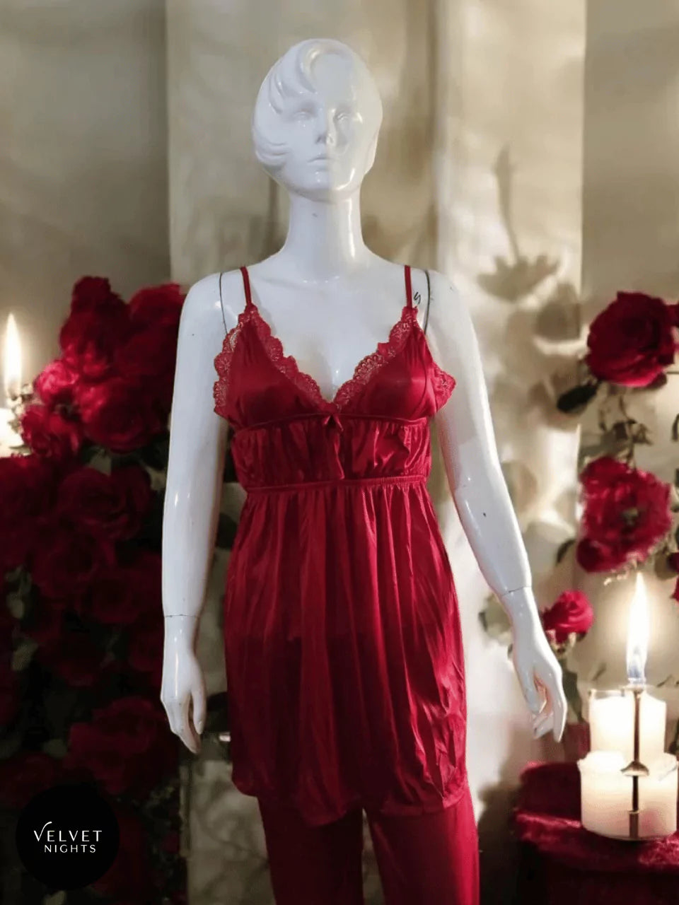3-Piece Silk Night Suit with Lace Detailing