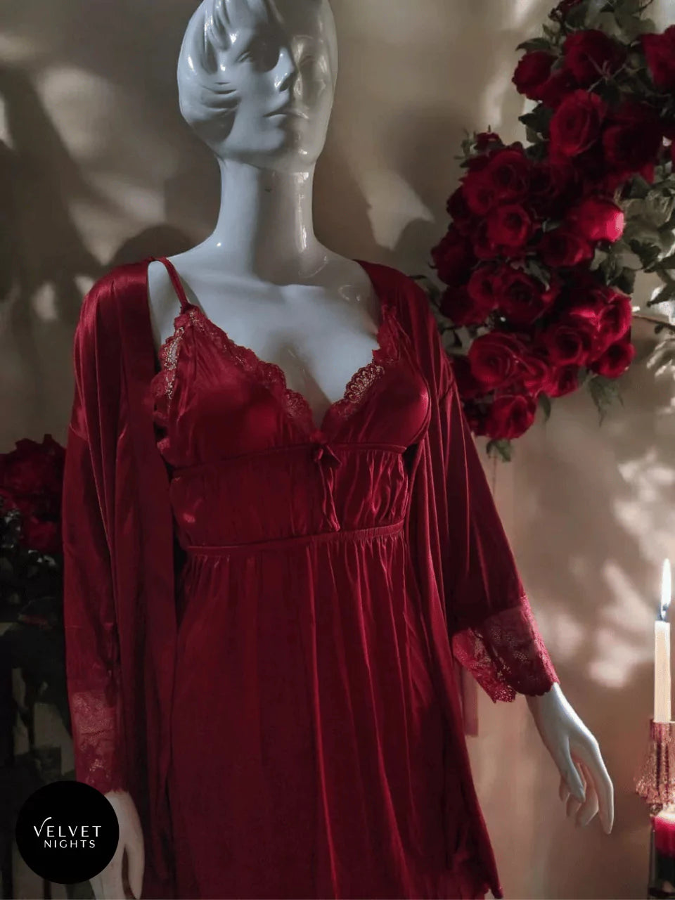 3-Piece Silk Night Suit with Lace Detailing