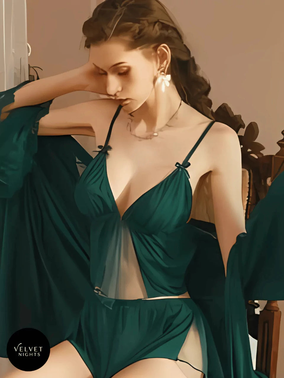 3 Piece Elegant Lace, Robe and Lingerie Set