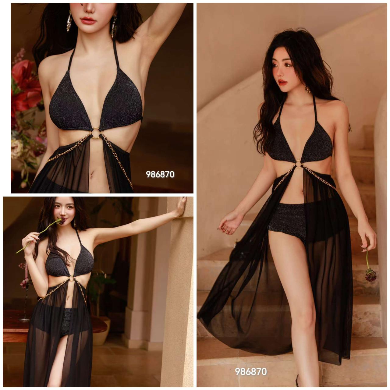 0: Black Glitter Triangle Bra &amp; Sheer Maxi Cover-Up Set