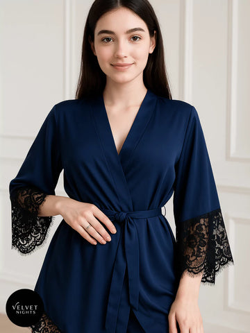 Midnight Charm Satin Robe with Lace Trim