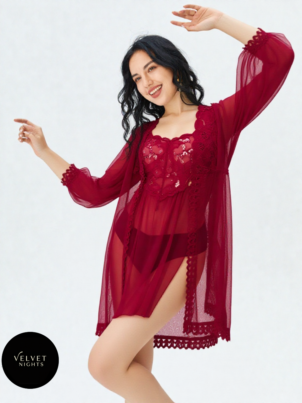 Scarlet Whisper – 3-Piece Turkish Maroon Lace Lingerie Set