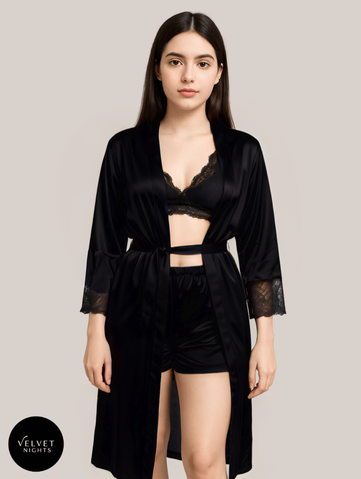 A Midnight Desire 3 Piece Silk Nightwear with Long Gown