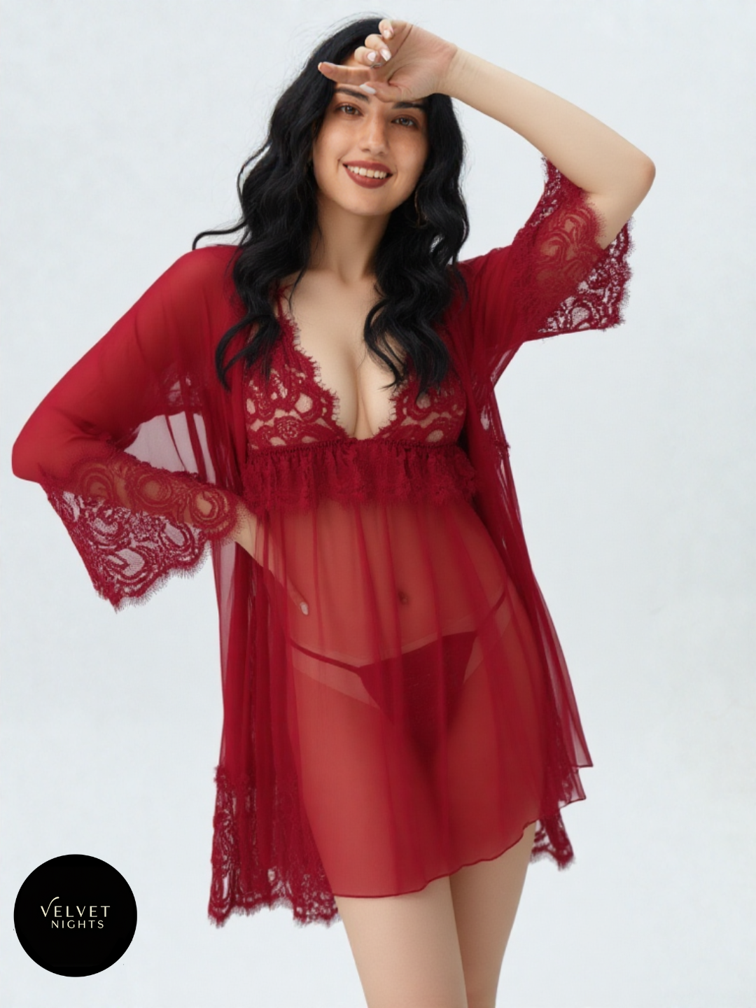 Red 3-Piece Lace & Net Bridal Lingerie Set