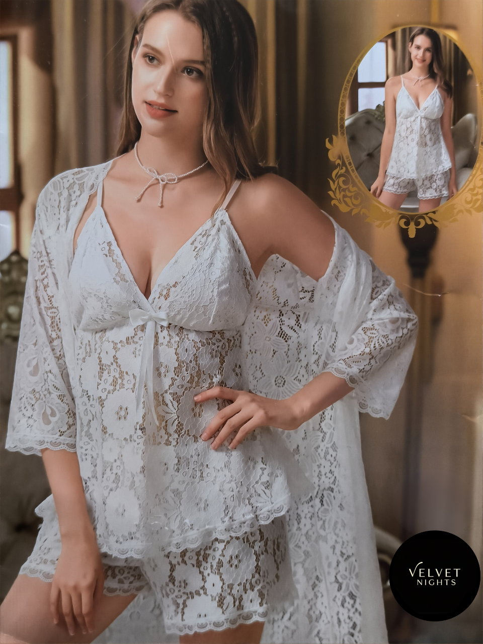 0a: Turkish White Bridal Lingerie Lace Set: 3-Piece