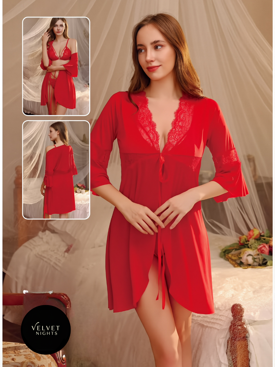 Scarlet Lace Dreams – 3-Piece Robe & Lingerie Set