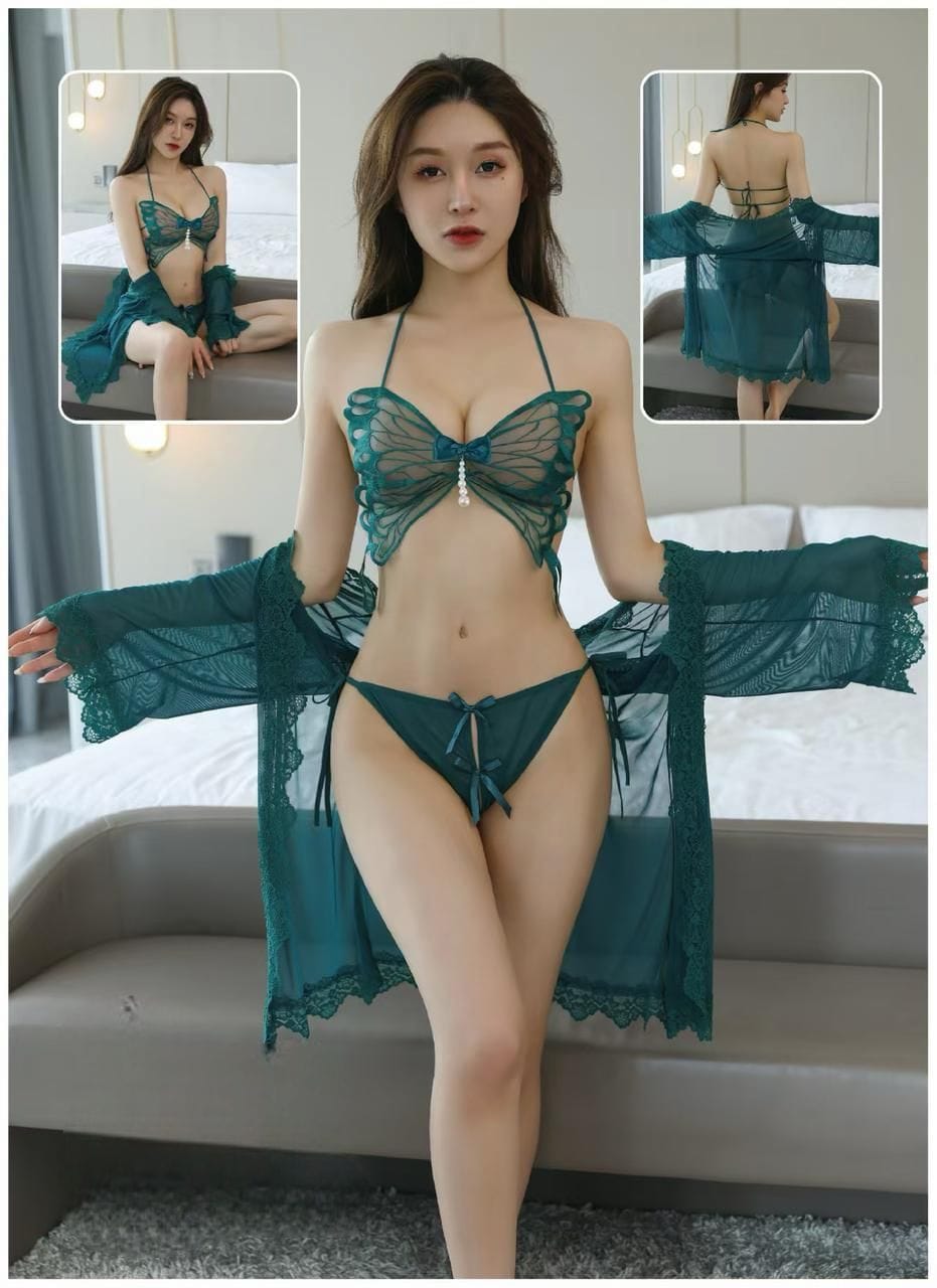 3 Piece Butterfly Lace Lingerie Set with Sheer Robe