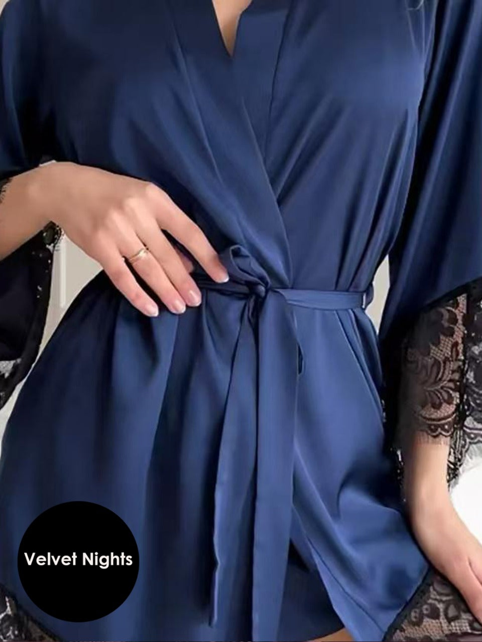 Midnight Charm Satin Robe with Lace Trim