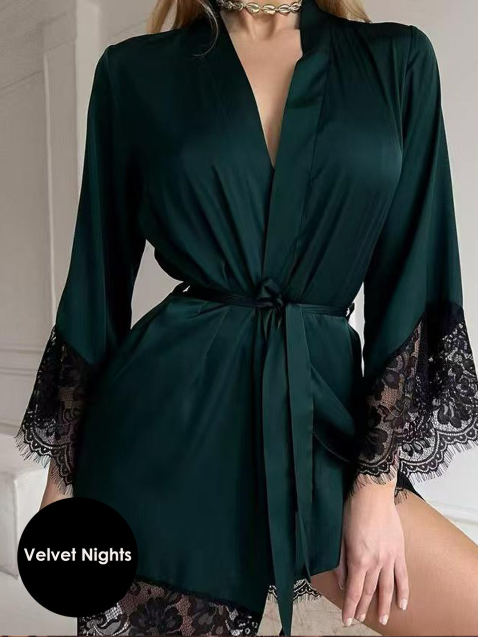 Midnight Charm Satin Robe with Lace Trim