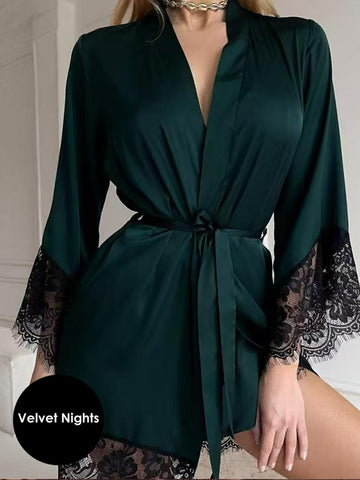 Midnight Charm Satin Robe with Lace Trim
