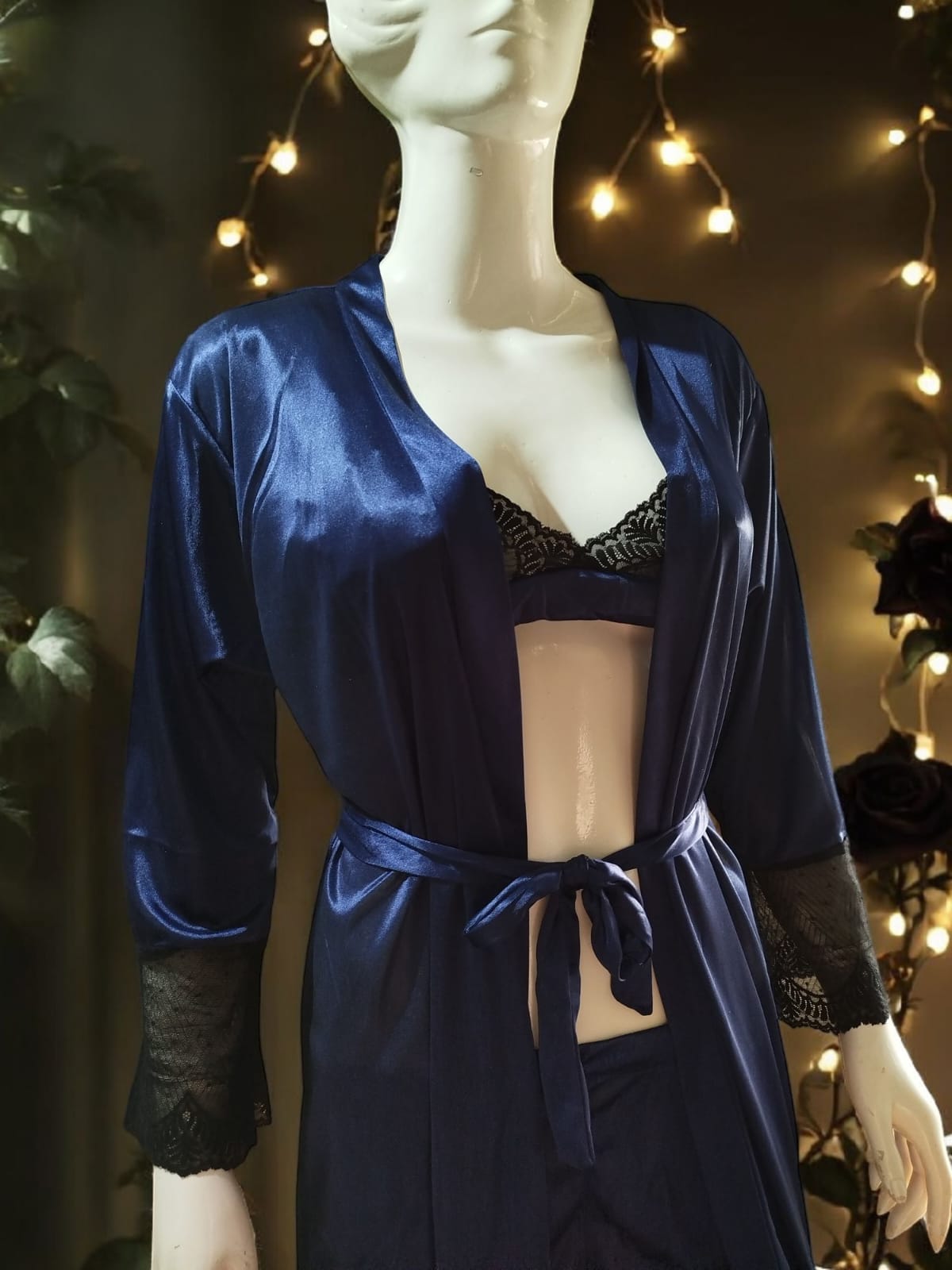 A Midnight Desire 3 Piece Silk Nightwear with Long Gown