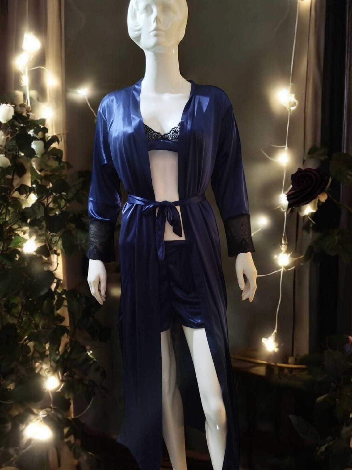 A Midnight Desire 3 Piece Silk Nightwear with Long Gown