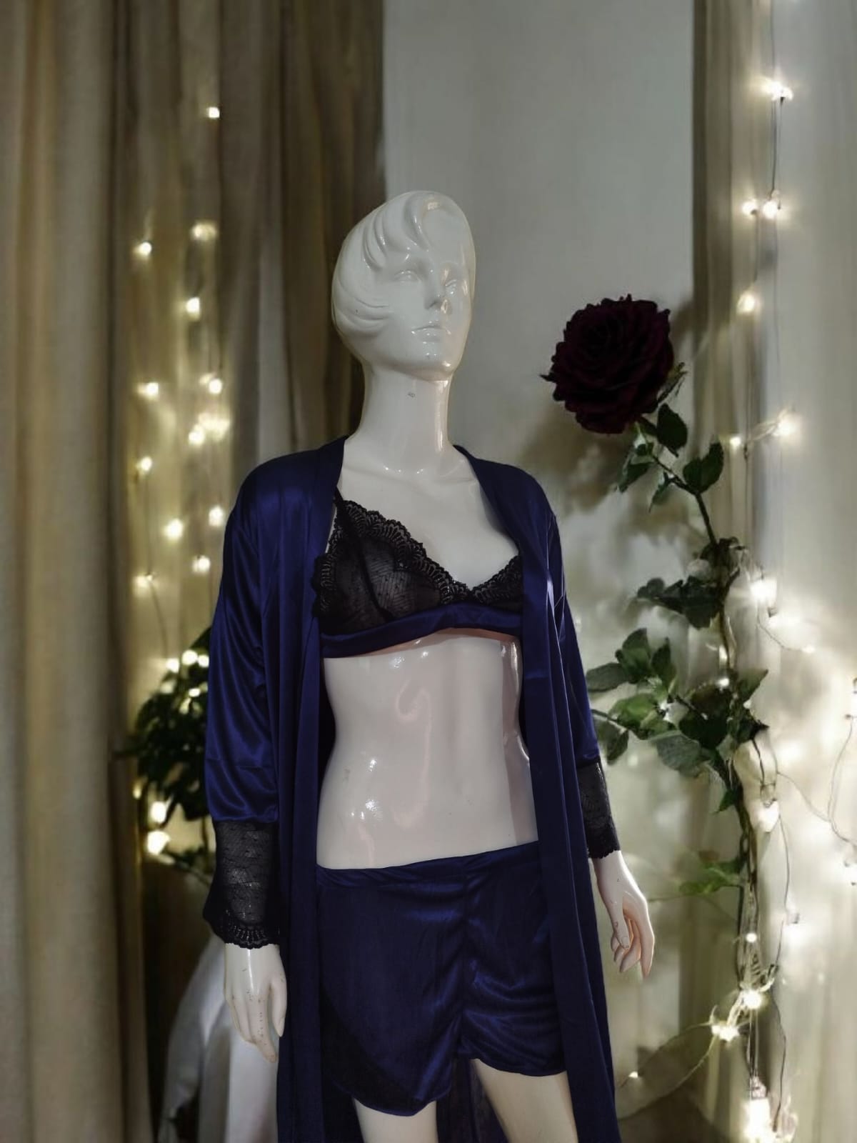 A Midnight Desire 3 Piece Silk Nightwear with Long Gown