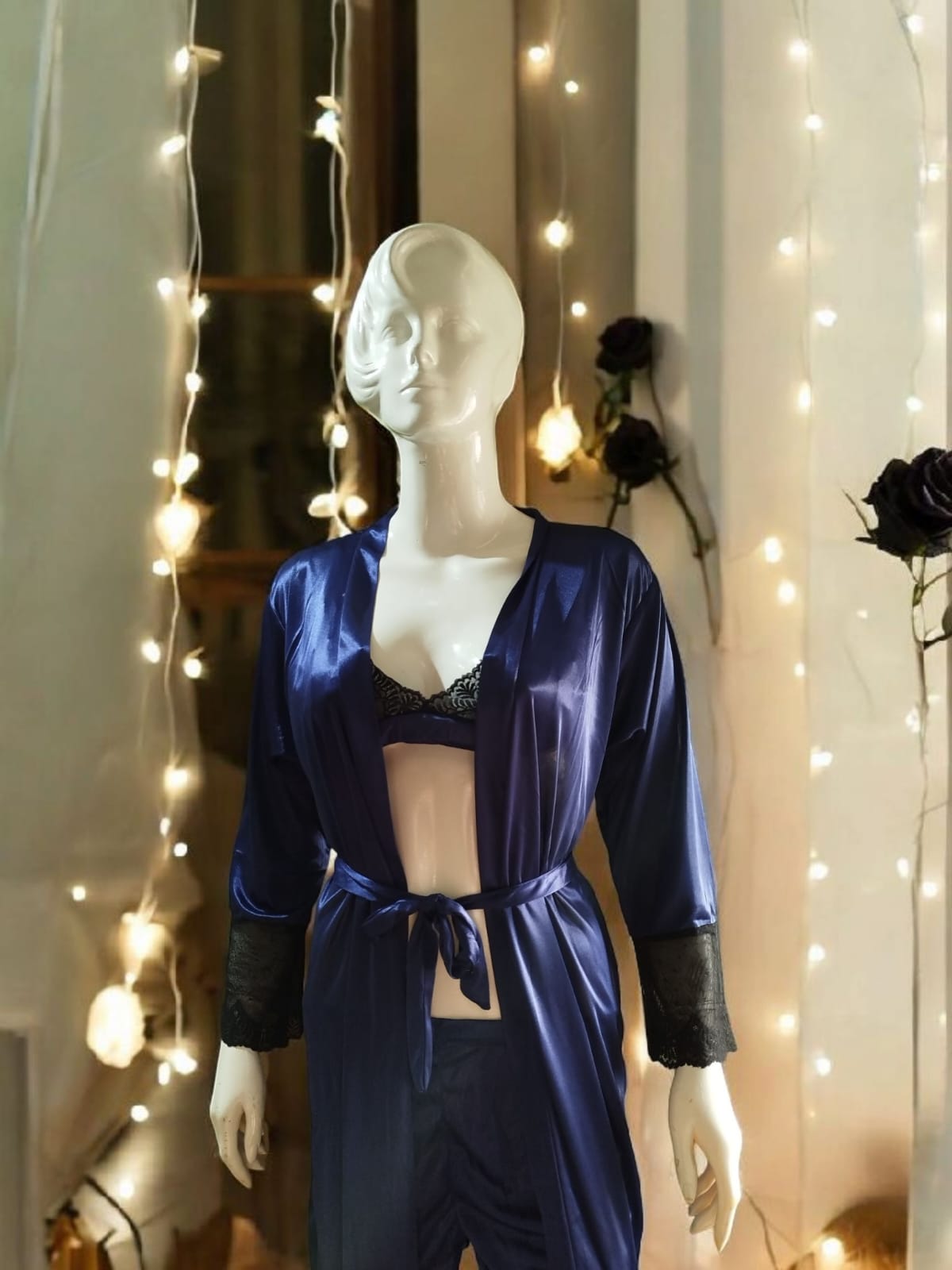 A Midnight Desire 3 Piece Silk Nightwear with Long Gown
