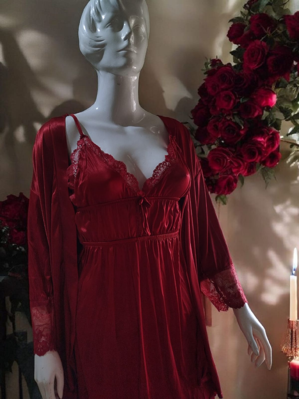 3-Piece Silk Night Suit with Lace Detailing