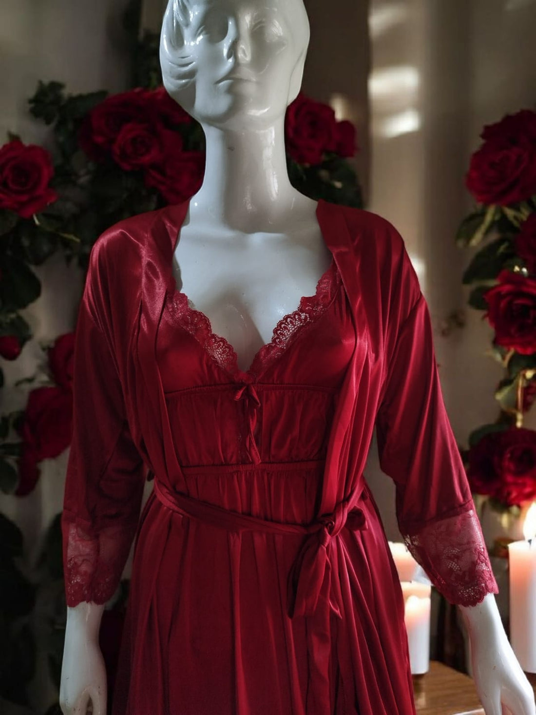 3-Piece Silk Night Suit with Lace Detailing