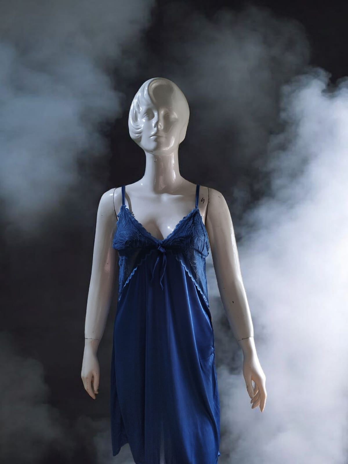 2-Piece Silky Night Slip & Lace Robe in Deep Ocean Blue
