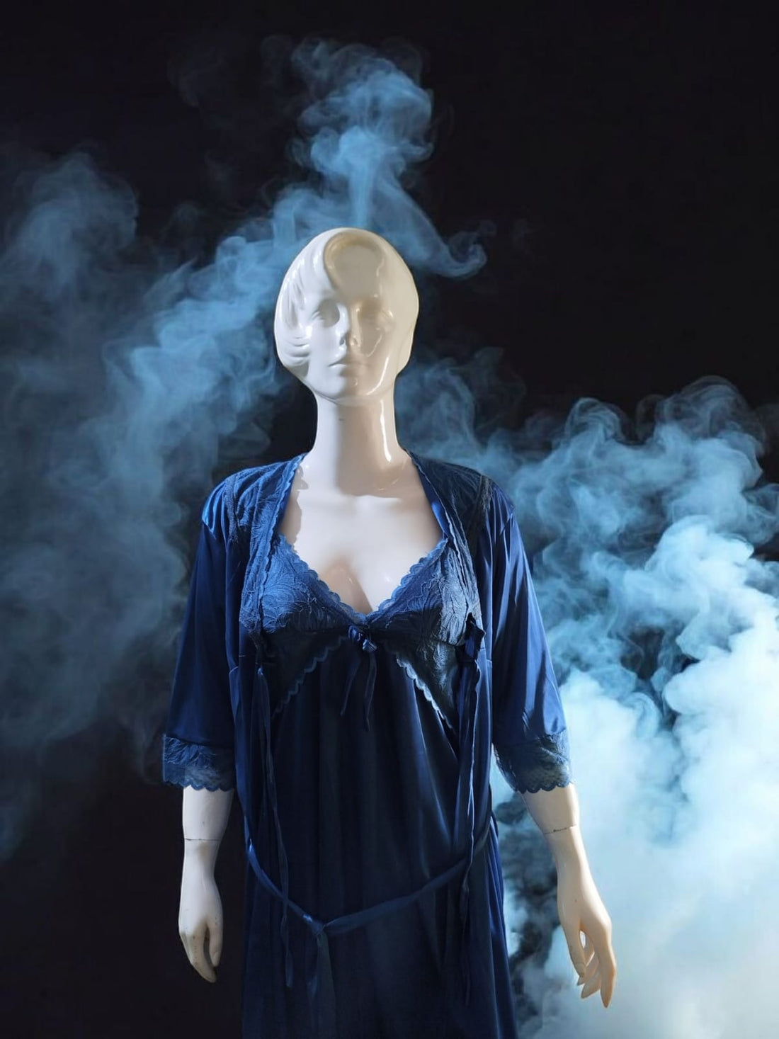 2-Piece Silky Night Slip & Lace Robe in Deep Ocean Blue