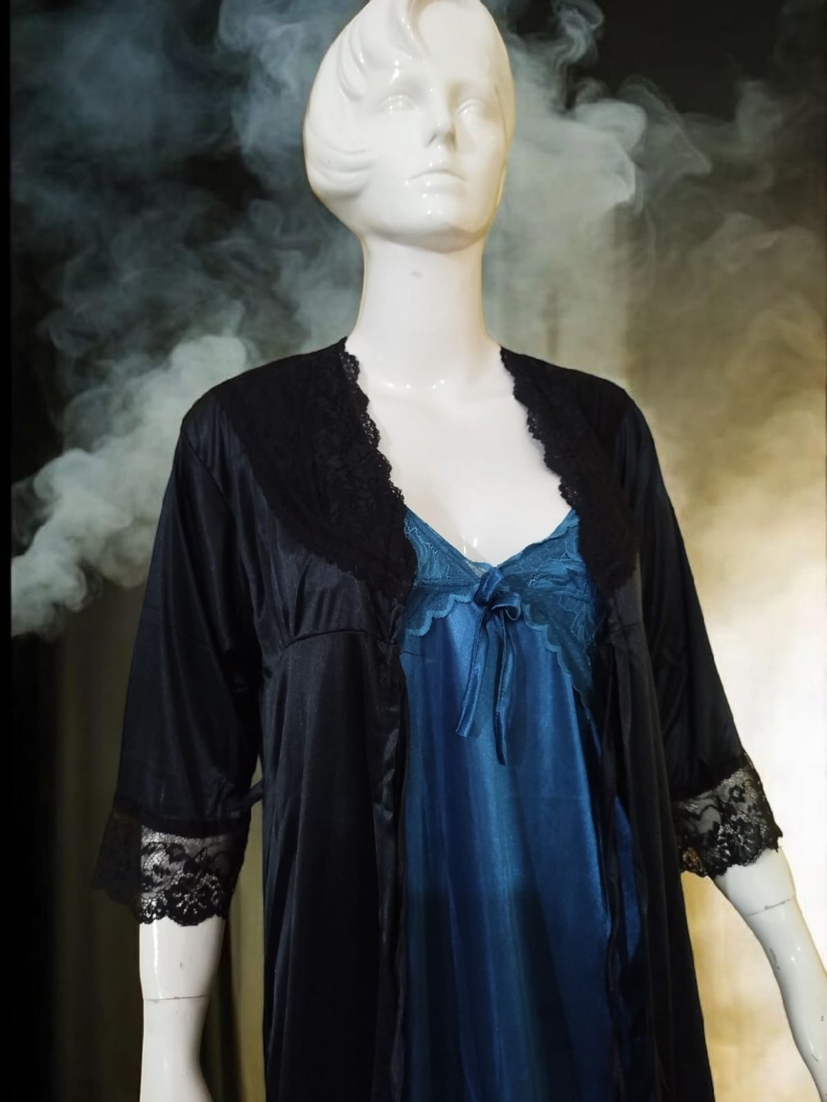 2-Piece Silky Night Slip & Lace Robe in Deep Ocean Blue