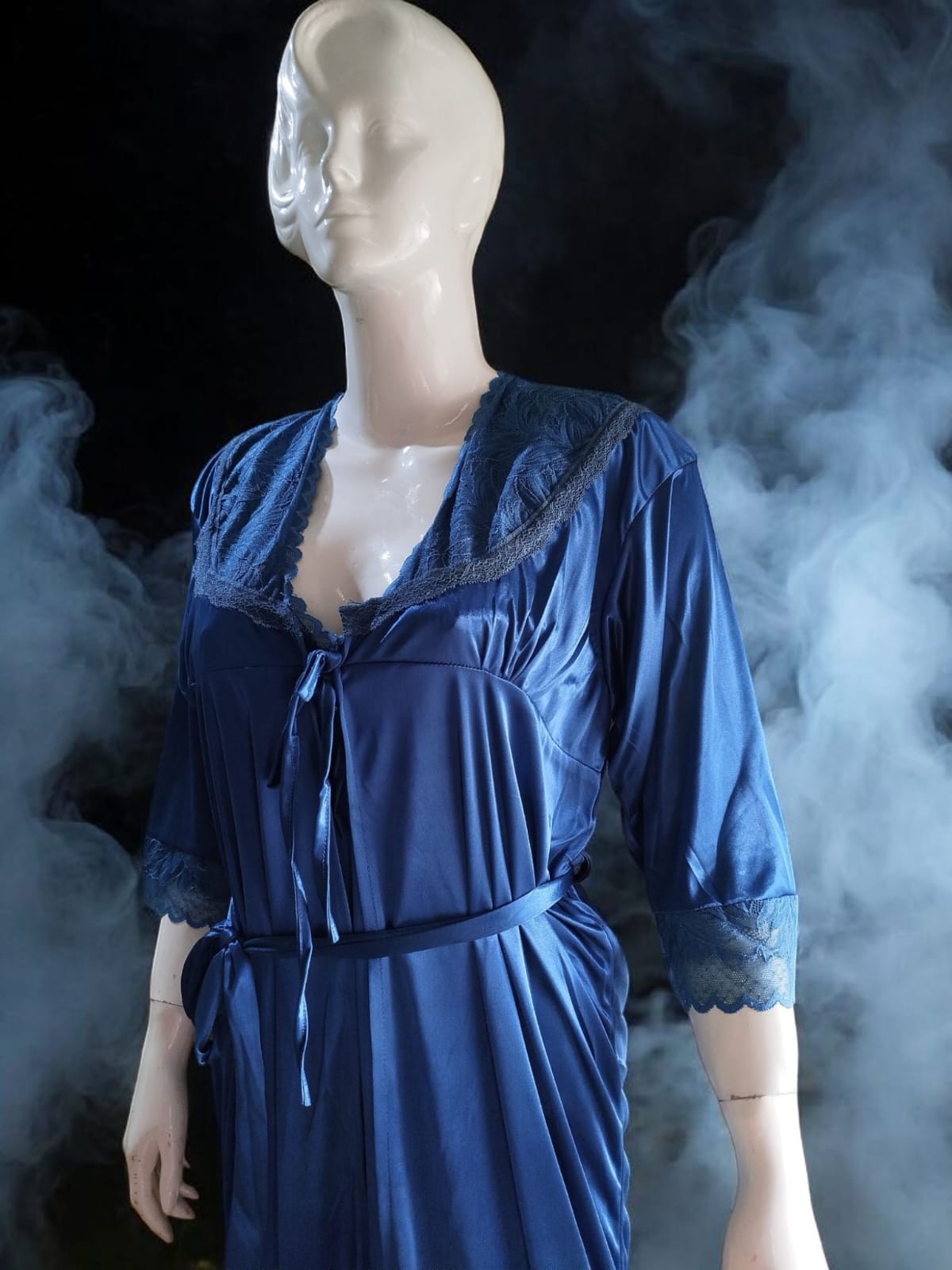 2-Piece Silky Night Slip & Lace Robe in Deep Ocean Blue