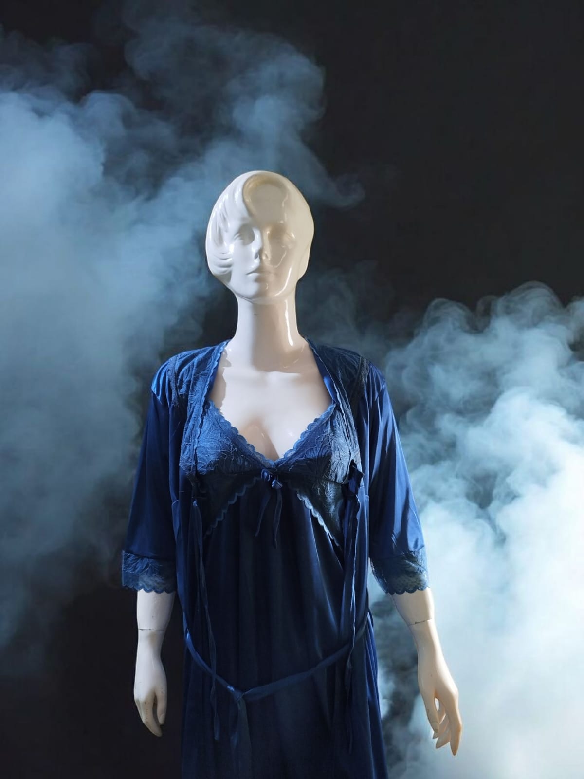 2-Piece Silky Night Slip & Lace Robe in Deep Ocean Blue