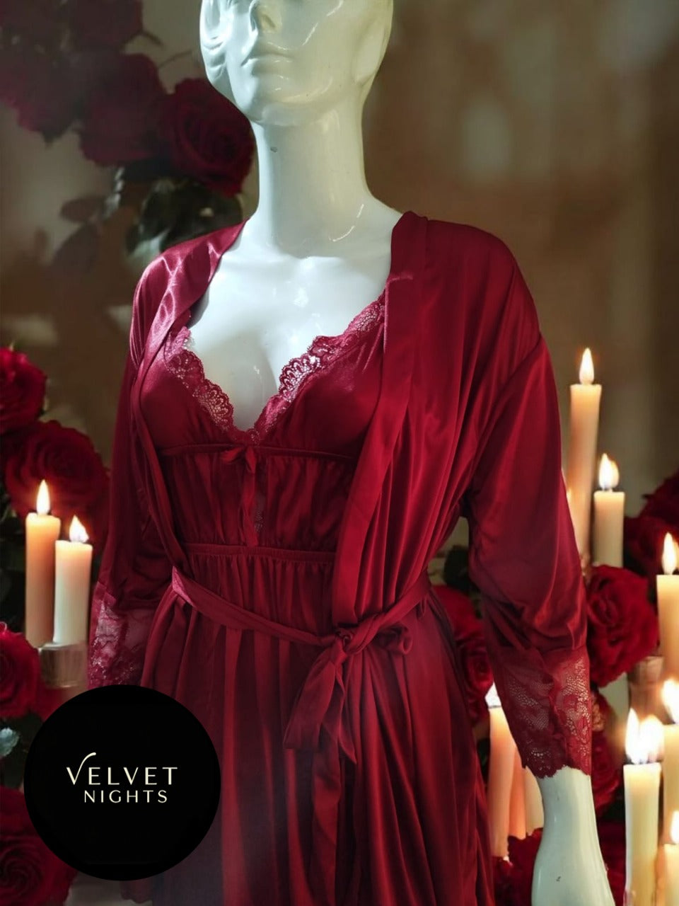 3-Piece Silk Night Suit with Lace Detailing