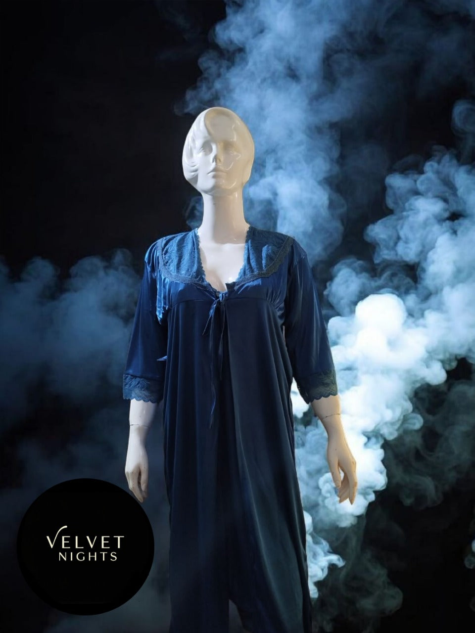 2-Piece Silky Night Slip & Lace Robe in Deep Ocean Blue