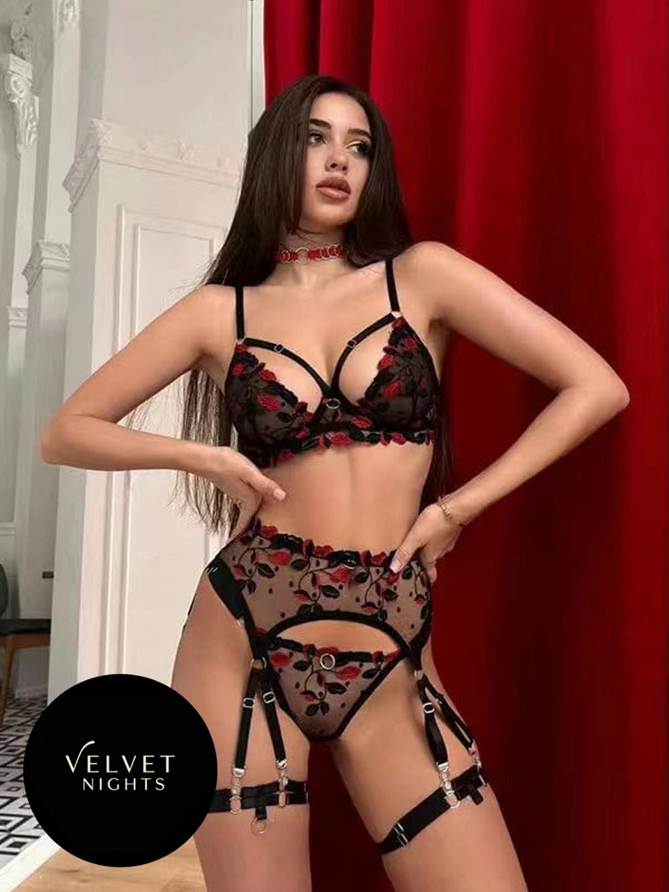 Rose Reverie Embroidered Lingerie Set