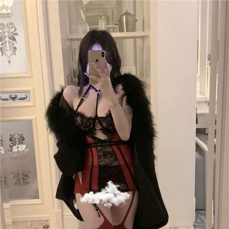 1o: Red and Black Lace Lingerie Set with Stockings