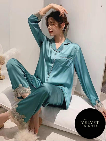 2-Piece Silk Night Suit – Luxuriously Soft with Elegant Lace Detailing