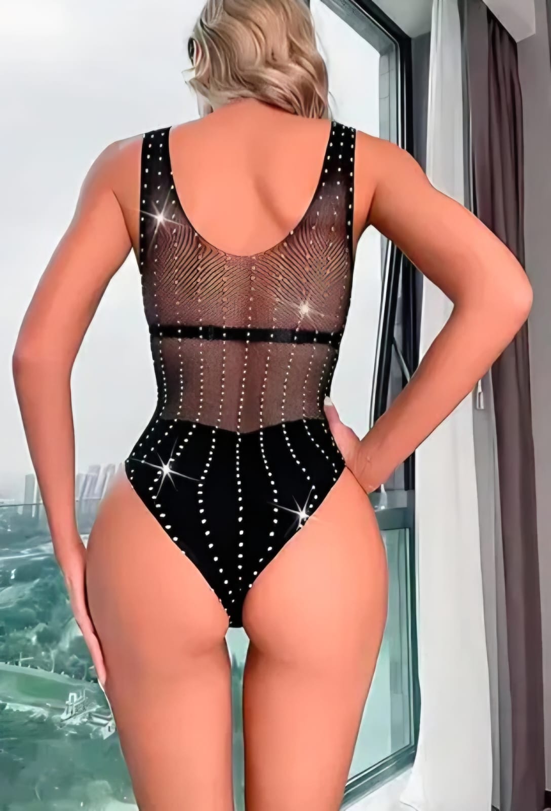 Rhinestone Fishnet Bodysuit Mesh Bodystocking